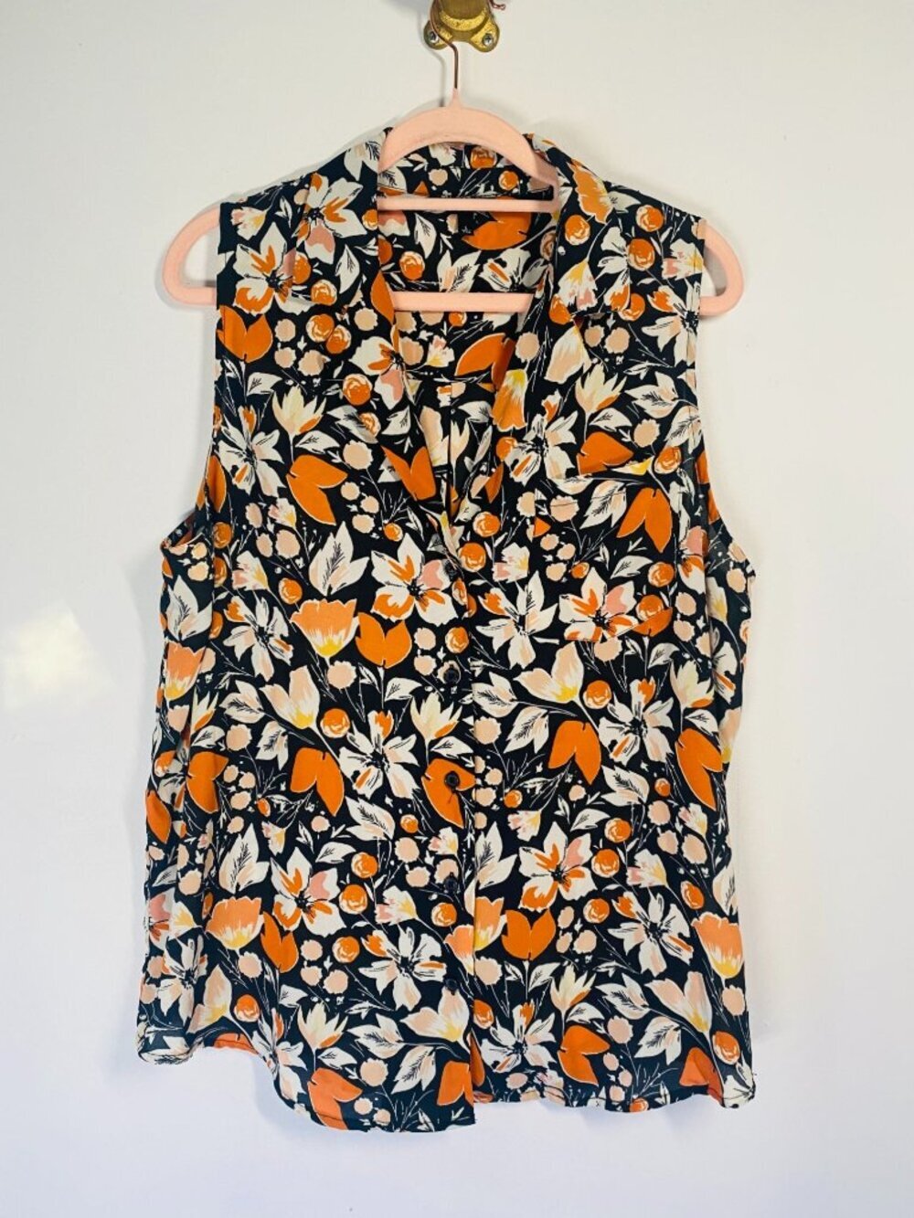 Who What Wear Large Sleeveless Orange Black Floral Button-Down Blouse L